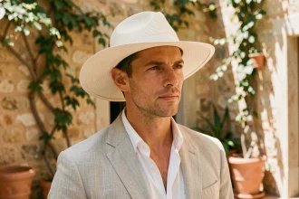 Homme en panama crème et blazer lin dans une cour méditerranéenne, chapeau adapté à son visage ovale pour un mariage en extérieur