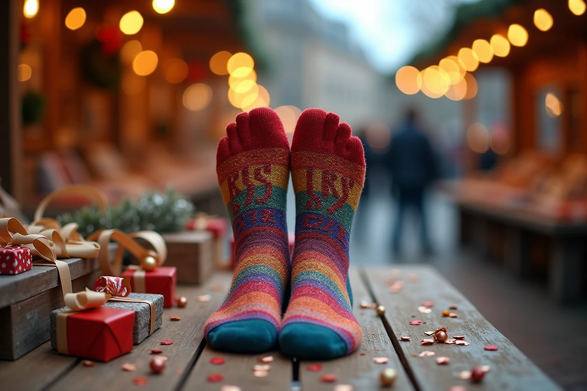 Chaussettes paillettes colorées avec message décalé posées sur une table de marché de Noël avec décorations festives