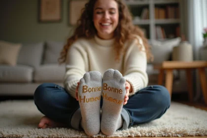 Jeune femme assise en tailleur portant des chaussettes paillettes avec message brodé dans un salon scandinave cosy