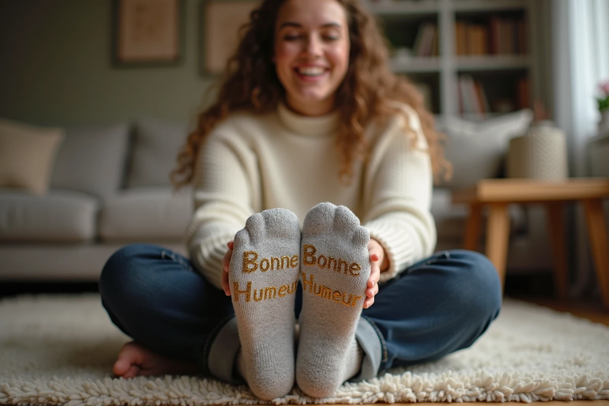 Jeune femme assise en tailleur portant des chaussettes paillettes avec message brodé dans un salon scandinave cosy