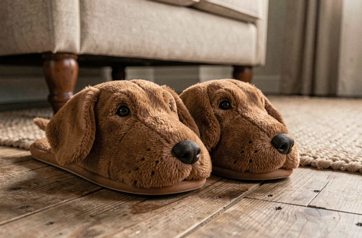Chaussons teckel originaux en fausse fourrure marron posés sur un plancher en bois rustique près d'un fauteuil