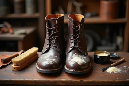 Bottines en cuir gras avec traces blanches de fleur de sel sur l'empeigne, posées sur un établi de cordonnier avec outils d'entretien
