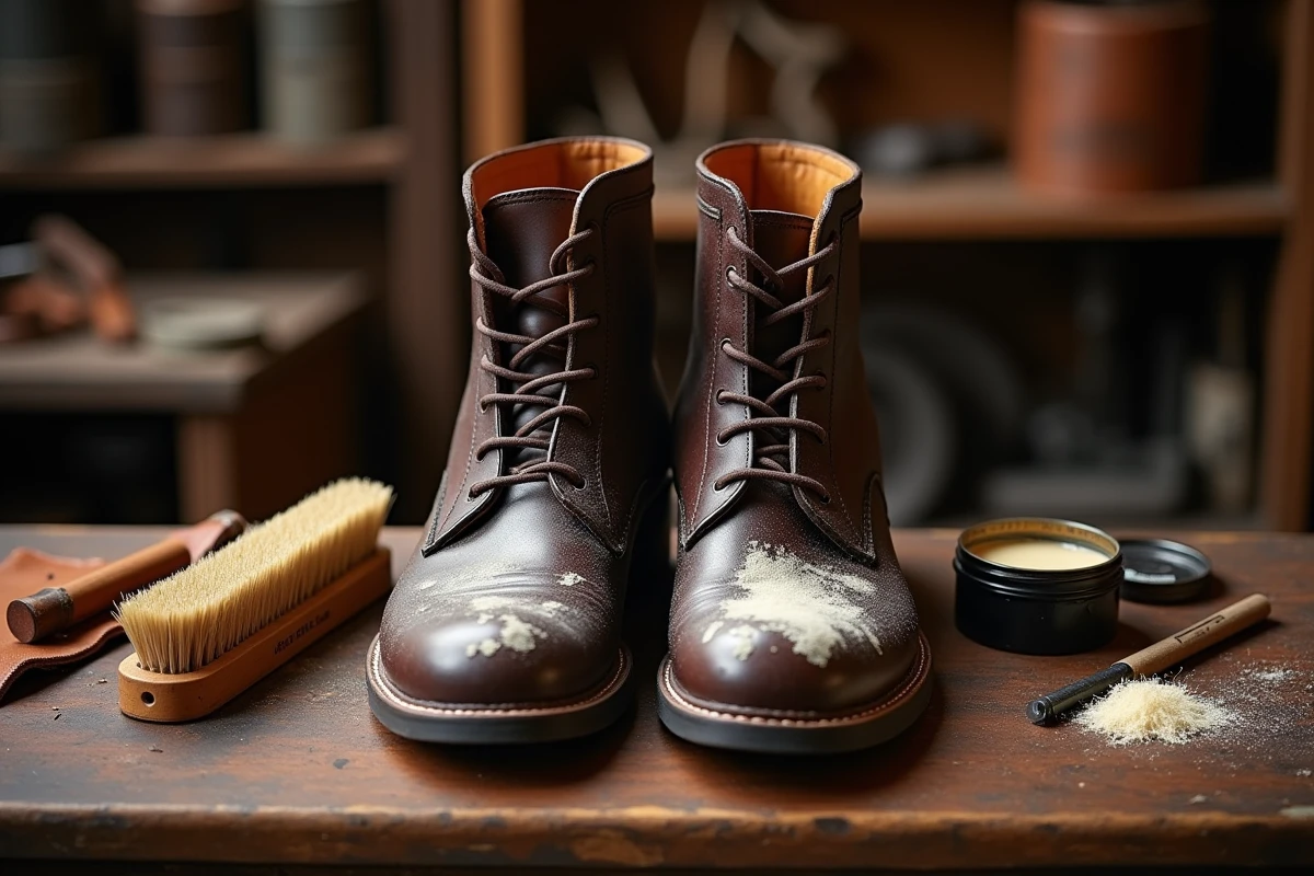 Bottines en cuir gras avec traces blanches de fleur de sel sur l'empeigne, posées sur un établi de cordonnier avec outils d'entretien