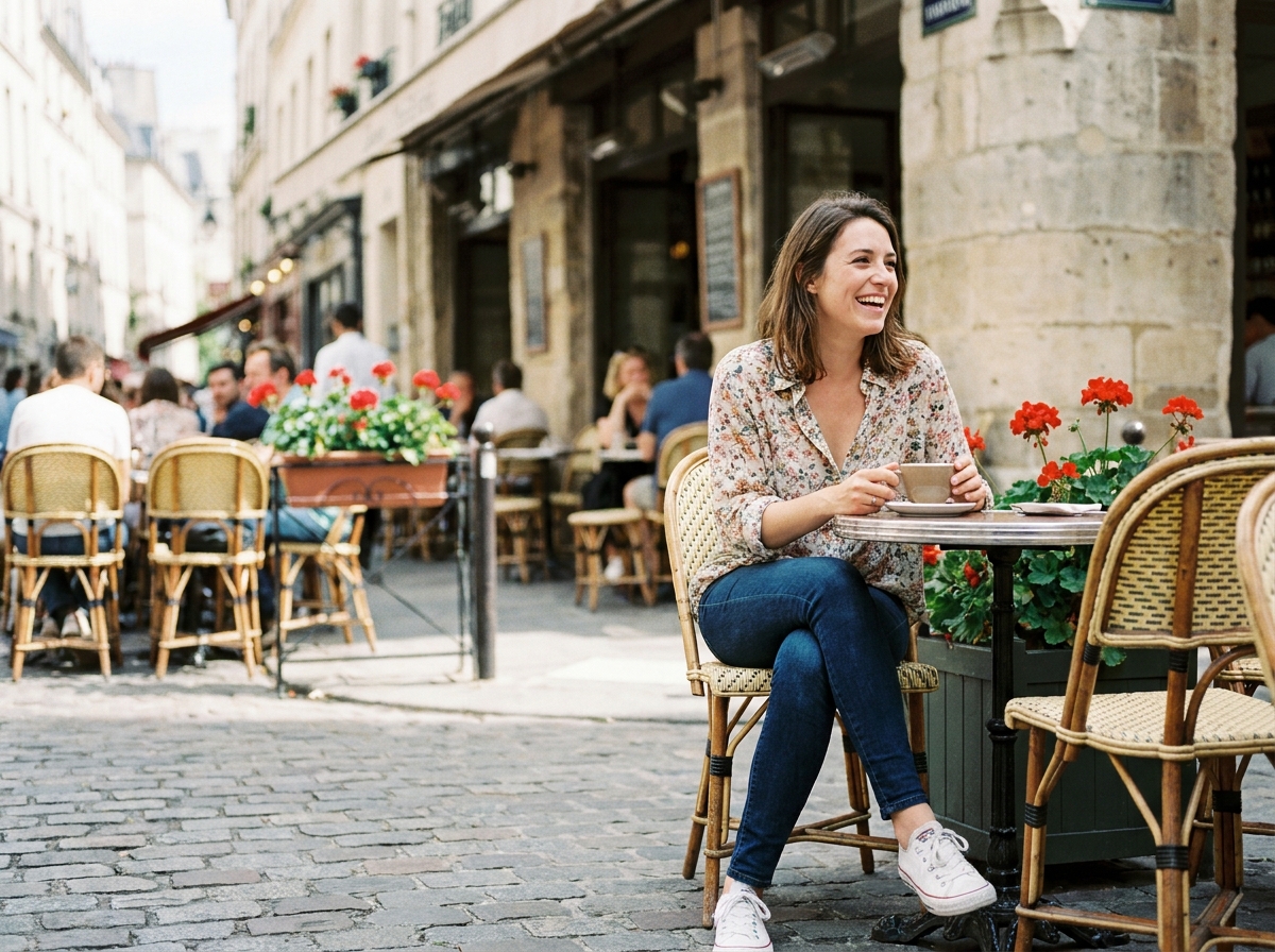 Femme en chemisier fleuri et jean slim attablée en terrasse de café, look décontracté journée