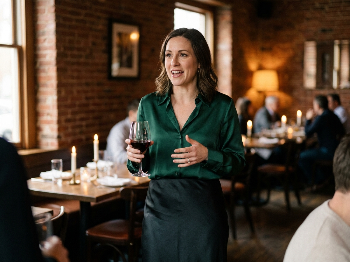 Femme en chemisier satiné vert émeraude et jupe midi dans un restaurant chic, tenue de soirée élégante