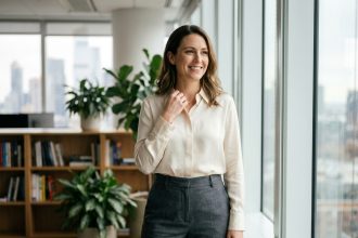 Femme portant un chemisier en soie crème glissé dans un pantalon tailleur au bureau, style journée élégant