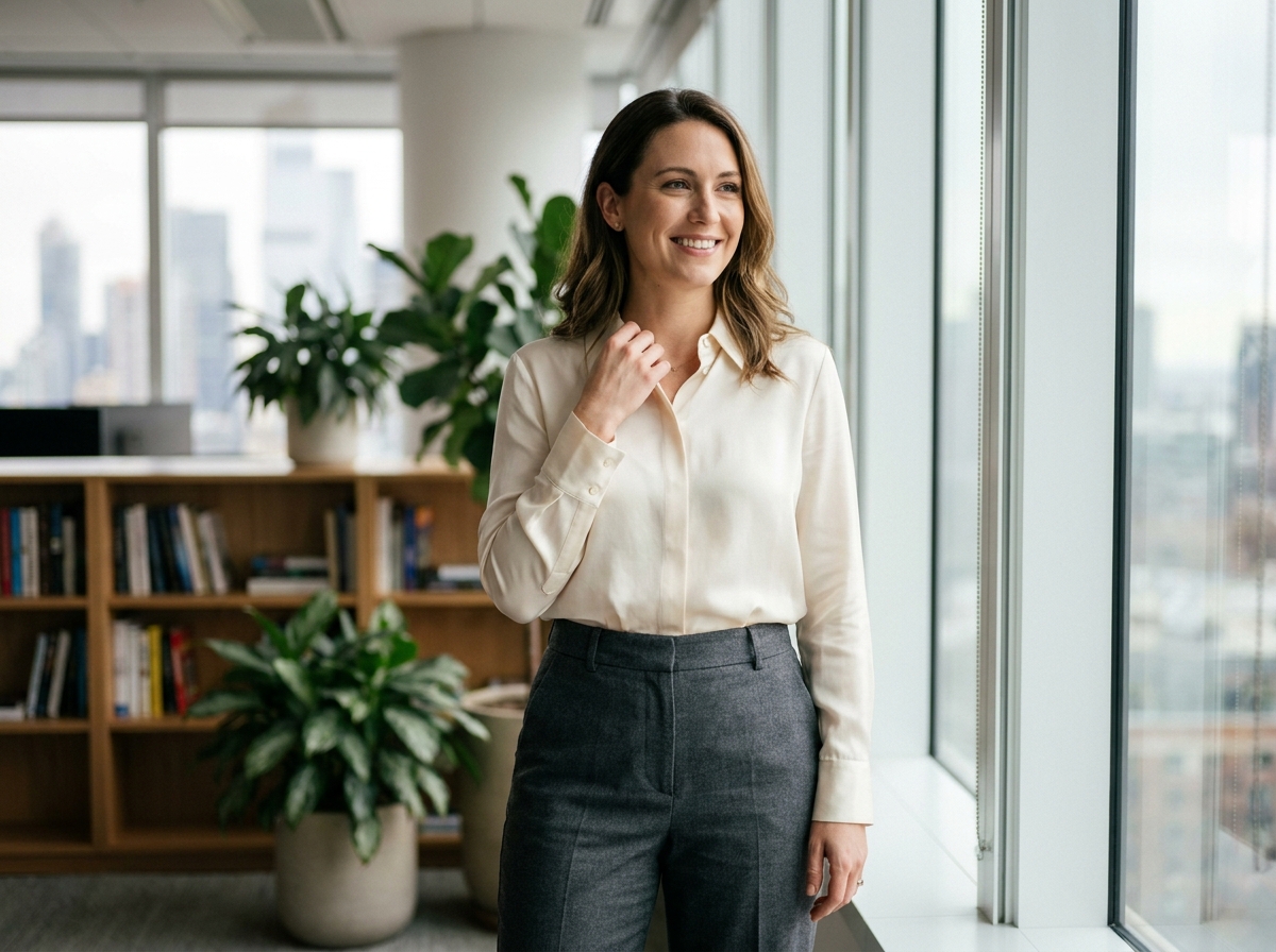 Femme portant un chemisier en soie crème glissé dans un pantalon tailleur au bureau, style journée élégant