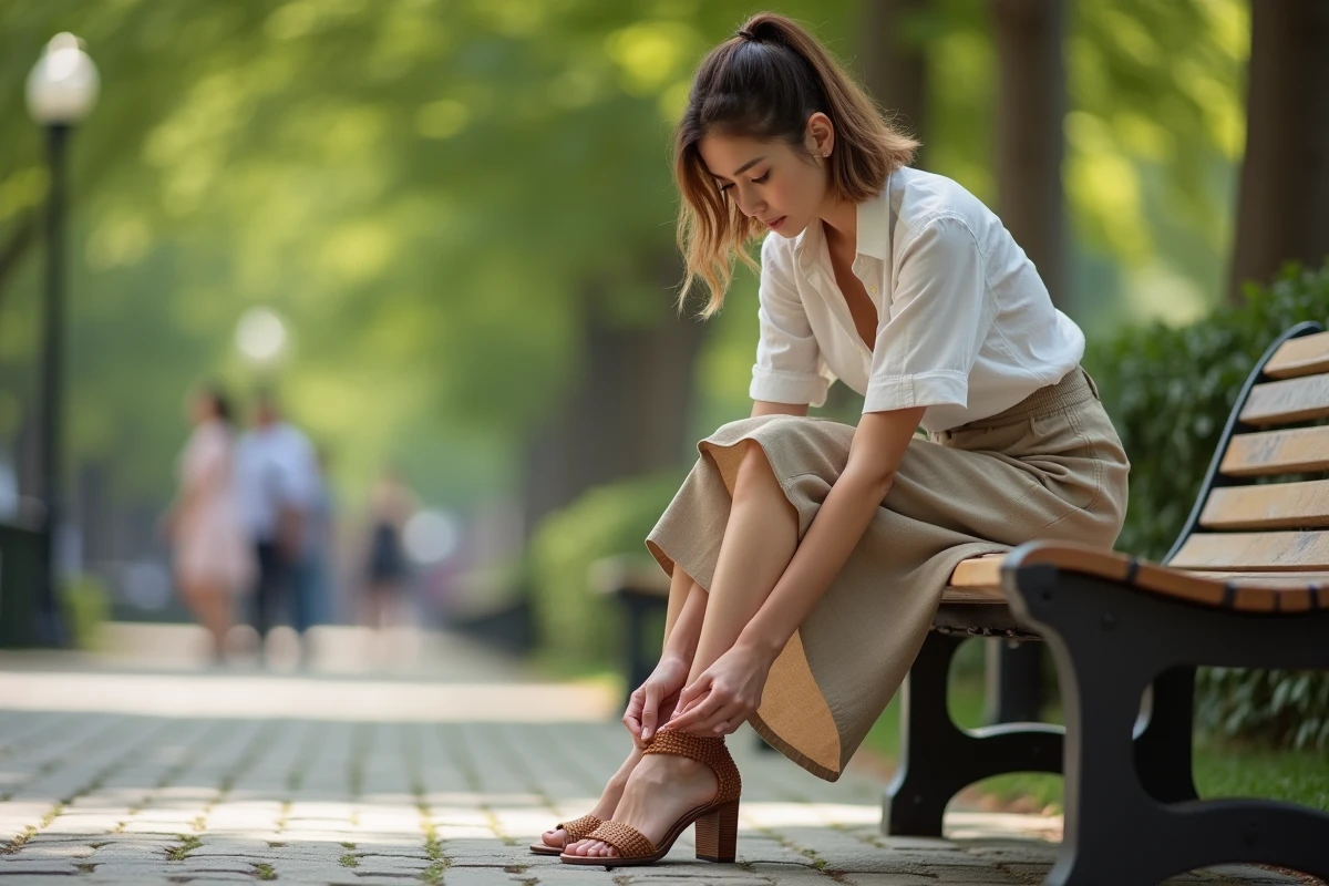 Jeune femme enfilant des talons à bride en parc urbain, conseils pour bien choisir et porter des chaussures à talons au quotidien