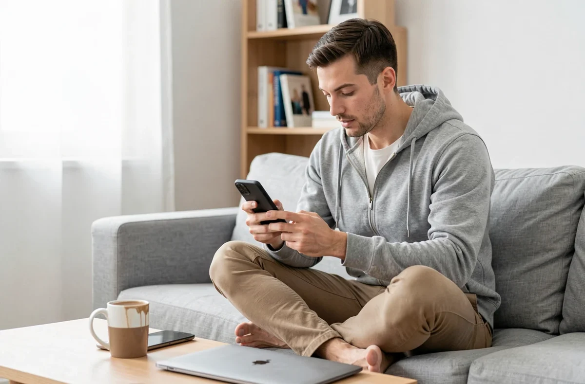 Homme choisissant une option de livraison rapide sur l'application Shein depuis son canapé un dimanche