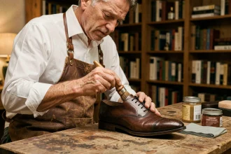 Homme cirant soigneusement une chaussure Oxford en cuir marron avec un chiffon de polissage, sur un établi en bois