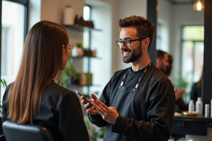 Coiffeur consultant avec cliente souriante dans un salon moderne