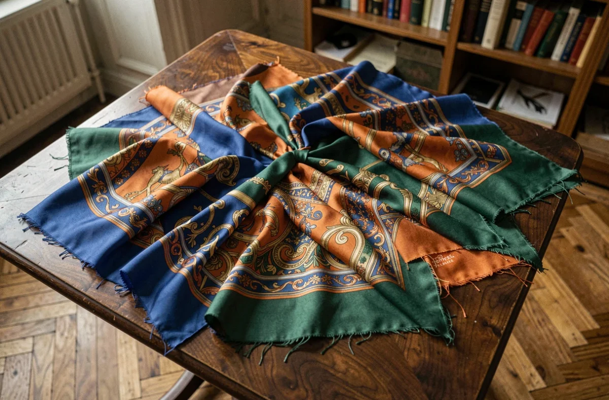 Collection de carrés Hermès vintage soigneusement disposés sur une table en bois de noyer, révélant des motifs complexes en soie aux tons bijou