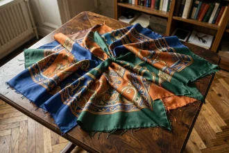 Collection de carrés Hermès vintage soigneusement disposés sur une table en bois de noyer, révélant des motifs complexes en soie aux tons bijou
