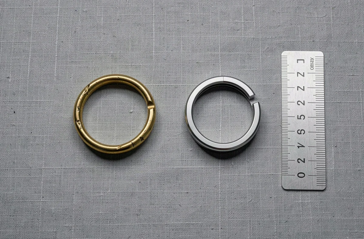 Comparaison à plat entre une vieille bague déformée et une bague jauge ronde parfaite avec règle et guide de mesure