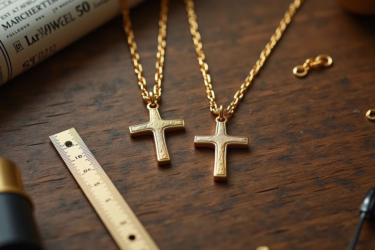 Vue du dessus de deux bijoux croix en or de longueurs différentes 40 cm et 60 cm posés à plat sur bois chêne avec règle pour comparaison de longueur de chaîne