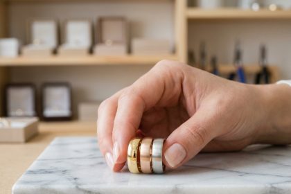Trois alliances femme en or jaune, or rose et platine posées sur du marbre blanc, comparaison des matières