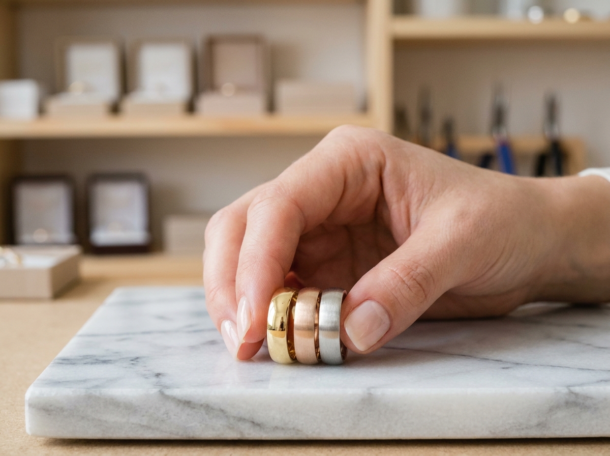 Trois alliances femme en or jaune, or rose et platine posées sur du marbre blanc, comparaison des matières