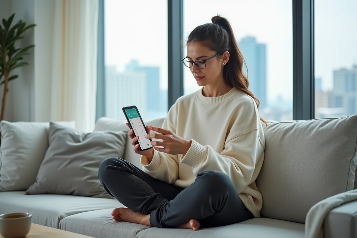 Femme comparant différentes plateformes de vente de contenu pieds sur son smartphone dans un appartement moderne