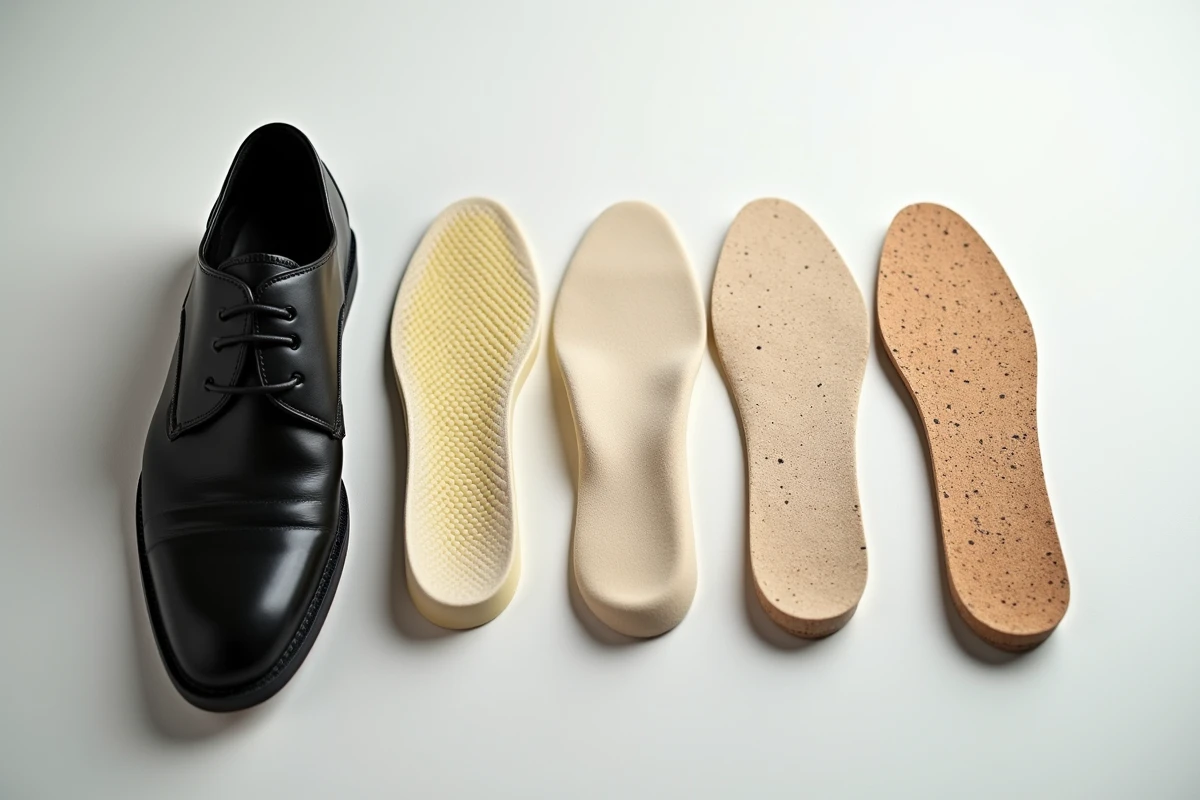 Comparaison de semelles pour chaussures trop grandes posées à côté d'une chaussure de ville homme