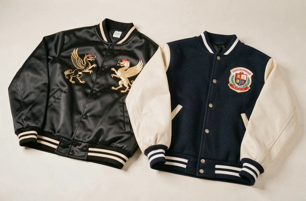 Comparaison côte à côte d'un sukajan japonais en satin brodé et d'une jacket souvenir américaine en laine et cuir sur fond blanc