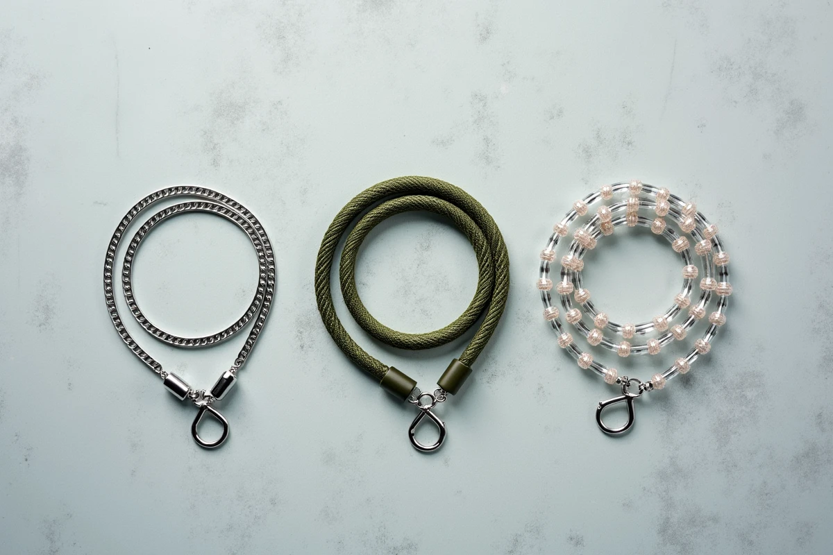 Trois chaînes pour portable abordables et résistantes présentées en flat lay sur ardoise