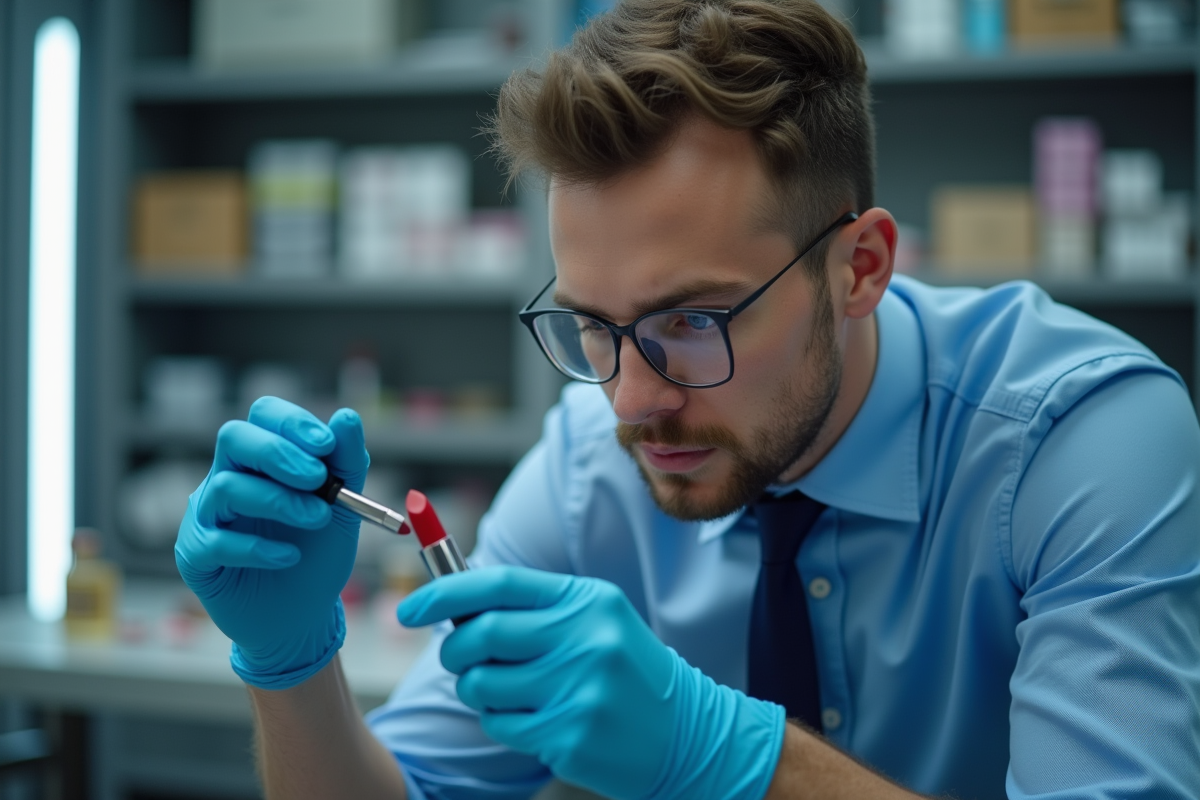 Homme contrôlant un rouge à lèvres avec loupe en laboratoire