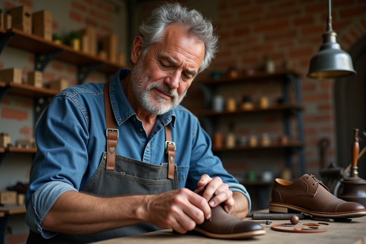 Cordonnier à la main dans un atelier traditionnel de chaussures