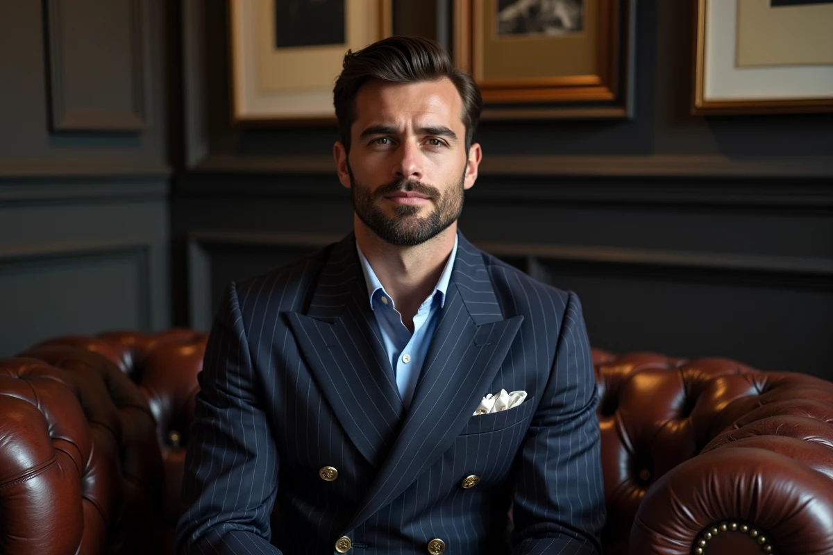 Homme à morphologie athlétique portant un costume croisé rayé style années 30 dans une boutique de tailleur vintage