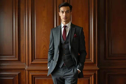 Homme en costume années 30 taillé sur mesure avec pantalon taille haute et cravate bordeaux, style morphologie rectangle