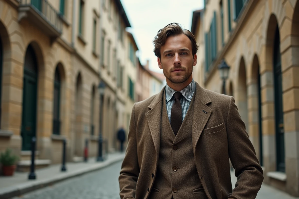 Homme mince en costume trois pièces tweed marron style années 30 dans une rue pavée européenne, guide morphologie homme