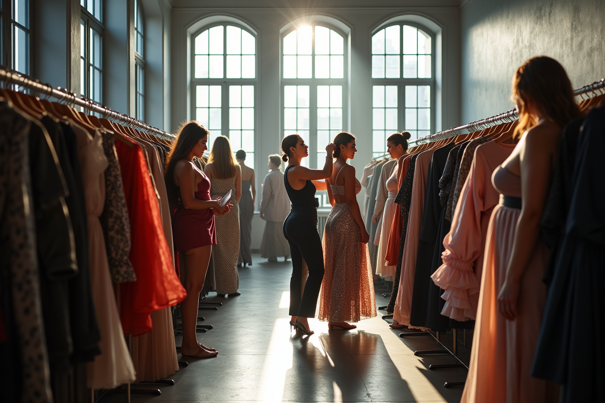 Coulisses d un défilé de mode avec stylistes et mannequins
