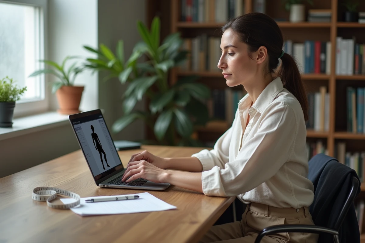 Femme entrant ses mensurations corporelles sur un ordinateur portable avec un modèle 3D de silhouette à l'écran
