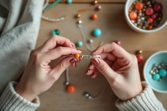 Mains de femme enfilant des perles colorées et des breloques argentées pour créer un bracelet artisanal sur une table en bois