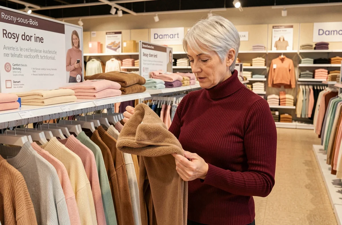 Femme choisissant des vêtements thermiques confortables dans un magasin Damart à Rosny-sous-Bois