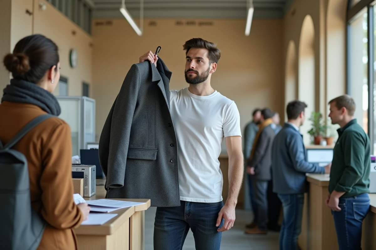 Homme au bureau de poste présentant un vêtement avec antivol pour démarche de retour