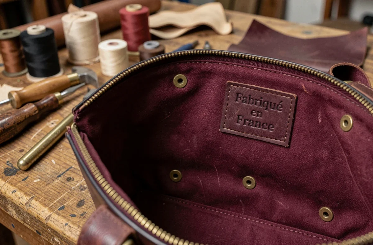 Détail d'un sac sport en cuir made in France avec étiquette cousue dans un atelier de maroquinerie artisanale