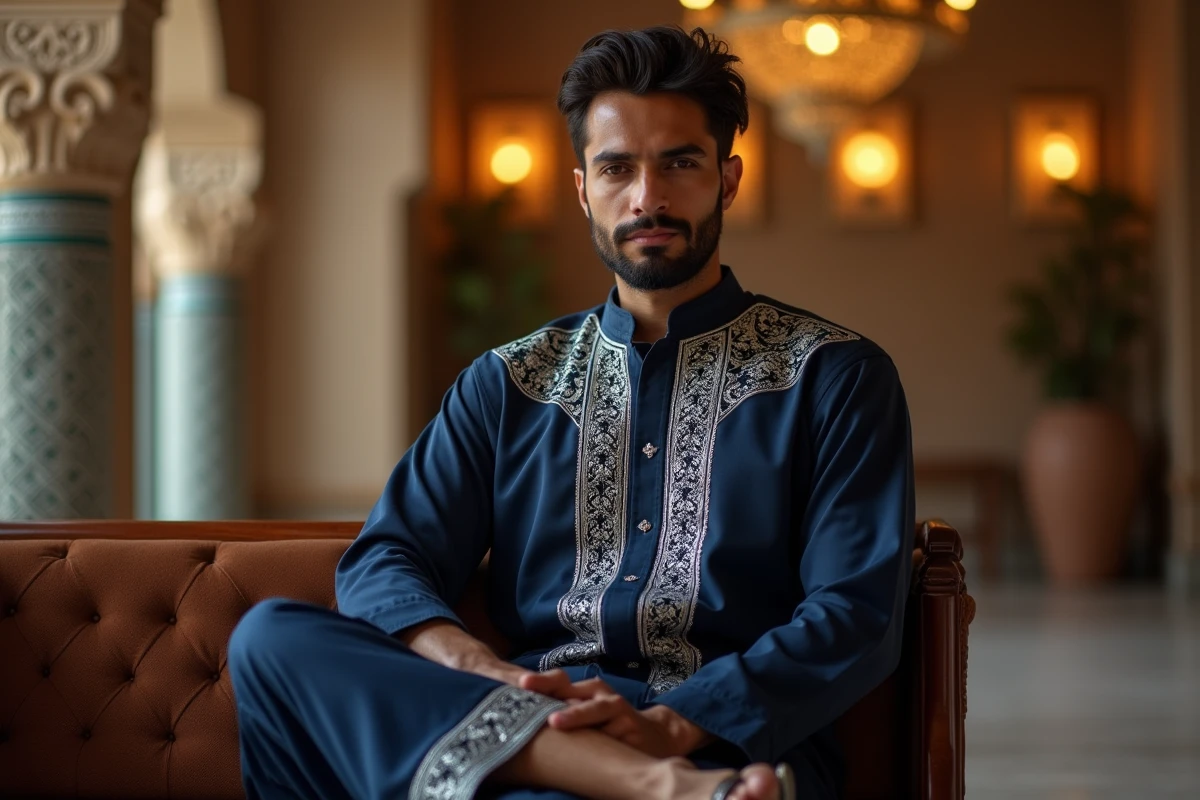 Homme en djellaba bleu marine brodée argent assis dans une salle de mariage orientale