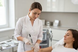Esthéticienne professionnelle réalisant une séance d'épilation laser sur le bras d'une cliente dans un centre spécialisé à Montpellier