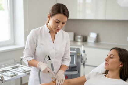 Esthéticienne professionnelle réalisant une séance d'épilation laser sur le bras d'une cliente dans un centre spécialisé à Montpellier