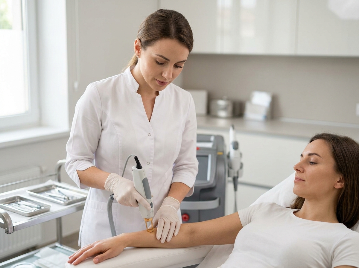 Esthéticienne professionnelle réalisant une séance d'épilation laser sur le bras d'une cliente dans un centre spécialisé à Montpellier