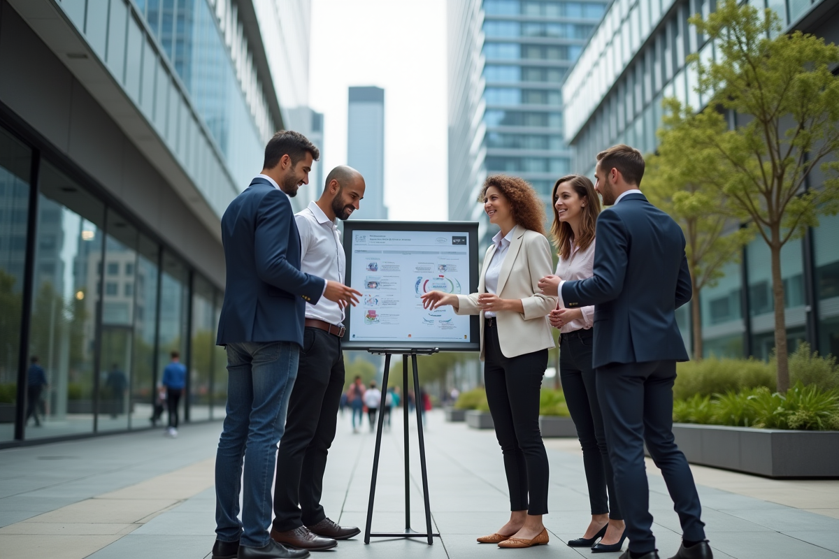 Groupe de jeunes professionnels en brainstorming dans une ville moderne