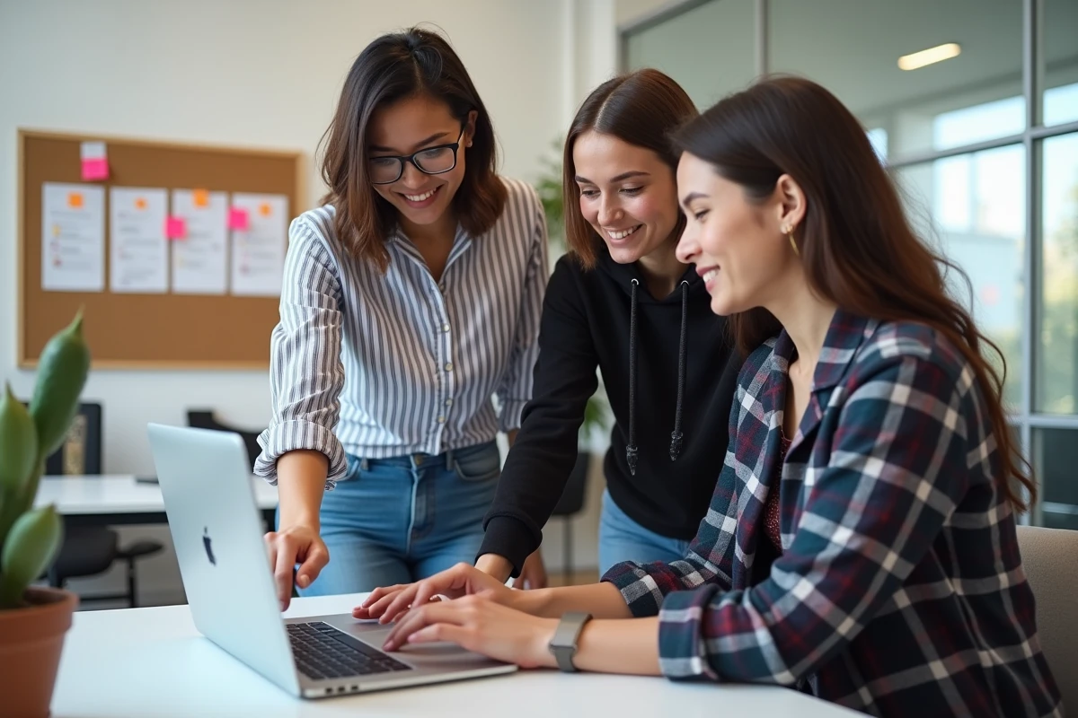 Équipe de blogueurs collaborant sur une stratégie de contenu SEO autour d'un ordinateur portable dans un studio moderne