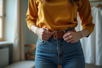 Personne essayant de fermer une ceinture trop petite dans une pièce lumineuse