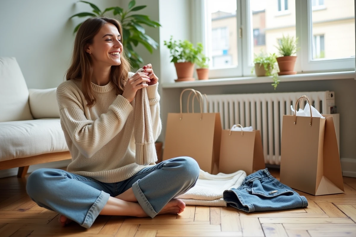 Femme essayant des pièces WANABEE pas chères à la maison entourée de vêtements