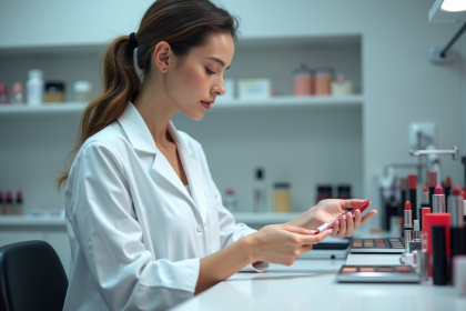 Femme en blouse blanche appliquant du rouge à lèvres