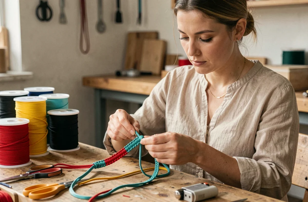 Femme fabriquant un bracelet en paracord sur un jig en bois avec des bobines colorées en atelier