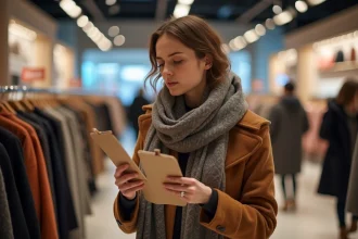 Femme compare deux manteaux d'hiver en magasin