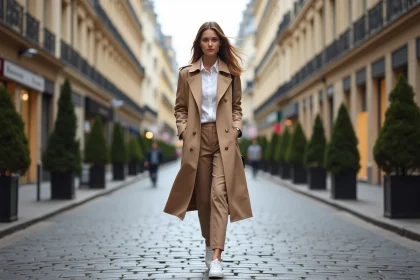 Femme élégante en trench coat beige marchant sur l'Avenue Montaigne à Paris, façades haussmanniennes et boutiques de luxe en arrière-plan