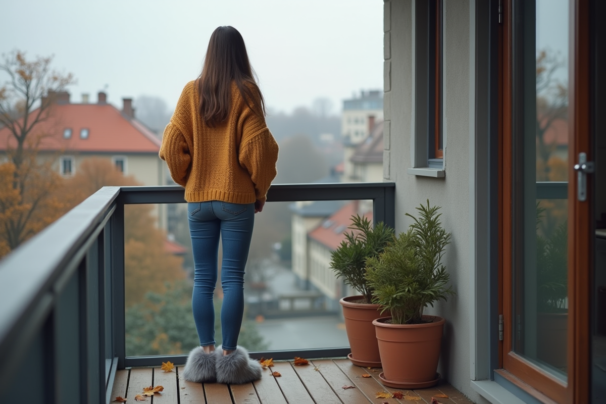 Jeune femme regardant la ville depuis le balcon