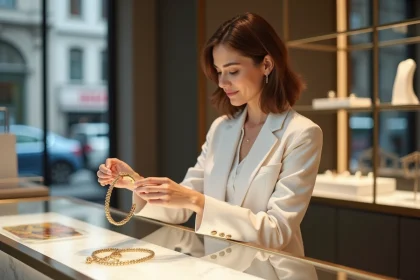 Femme &eacute;l&eacute;gante examine un bracelet en or dans une bijouterie